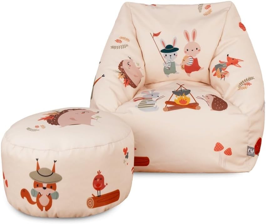 Kids Bean Bag Chair & Footstool Set - Forest Animal Armchair, Filled