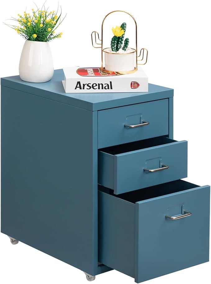 3 Drawer Metal File Cabinet with Wheels, Under Desk Lockable Office Storage Unit