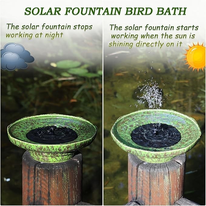 Solar Ceramic Bird Bath Fountain – Outdoor Garden Water Feature Green