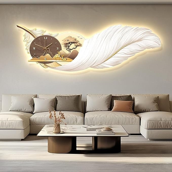 LED Feather Wall Clock 140×51cm Modern Luxury Silent Light-Up Wall Art Decor
