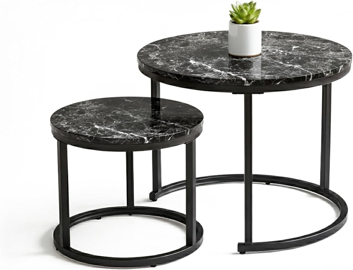 Space Saving Nesting Coffee Tables Set of 2 Black Marble Effect Round End Side A