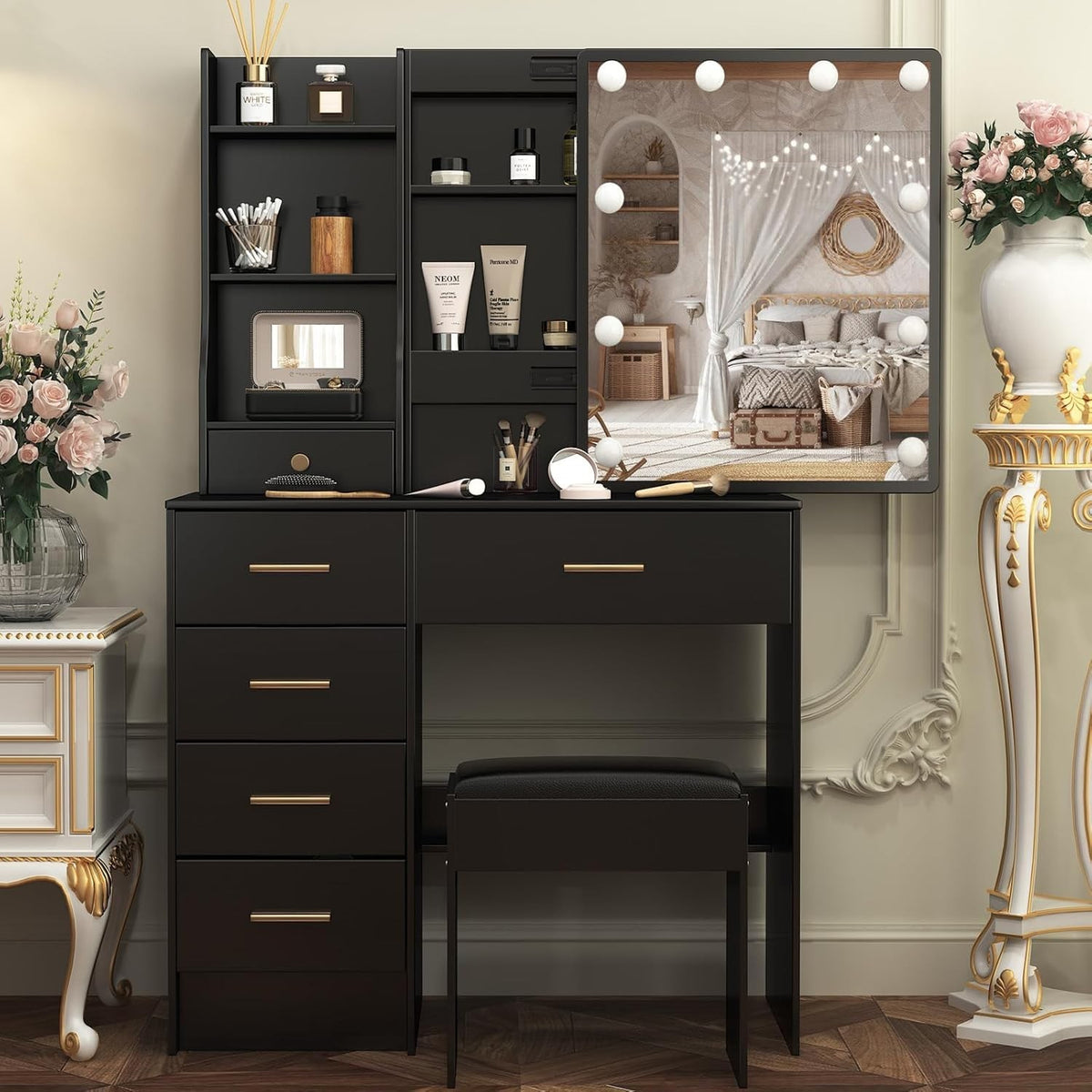 Makeup Vanity Table Set w/ 3-Color LED Lights, 12 Storage Spaces & Padded Stool