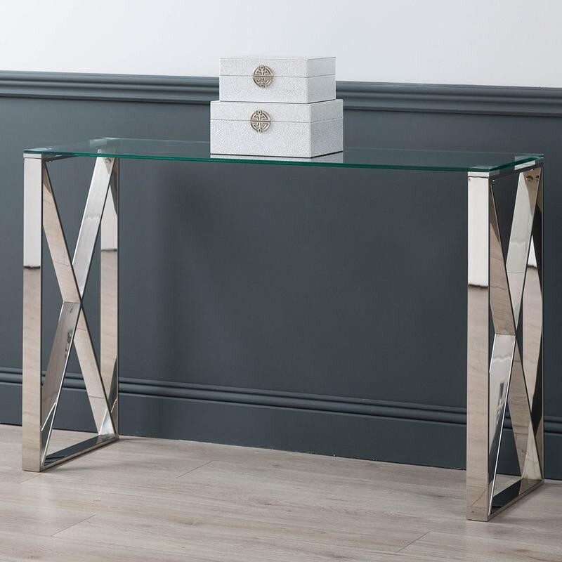 120cm Glass Console Table Chrome X Legs Modern Hallway Entryway Sofa Table