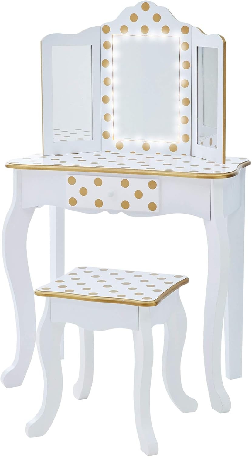Kids Vanity Table Set with Light Mirror White Gold – Wooden Makeup Desk