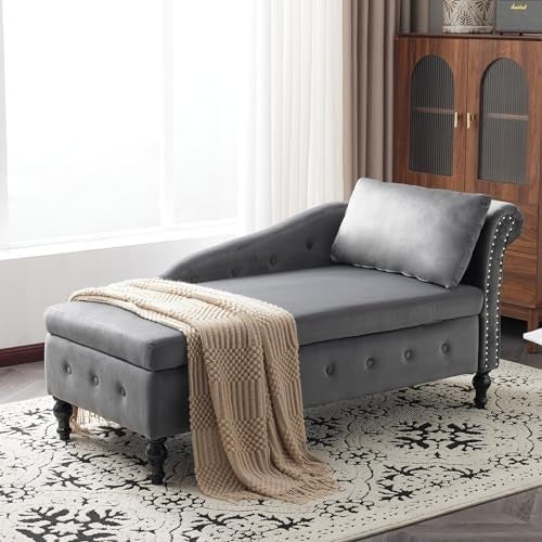 Velvet Chaise Lounge Sofa with Storage, Button Tufted, Grey, Right Armrest