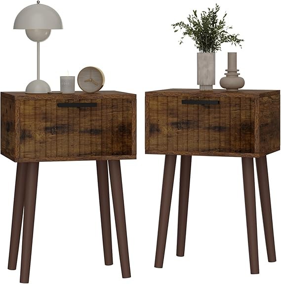 Rustic Brown Fluted Bedside Tables Set of 2, Small End Tables with Drawer & Wood