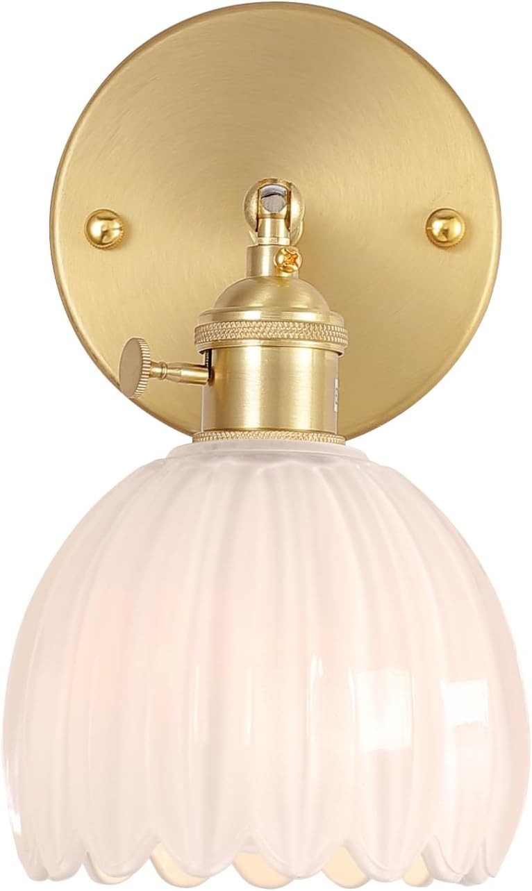Vintage Gold Wall Sconce Tulip Glass Shade 180° Adjustable Light with Switch