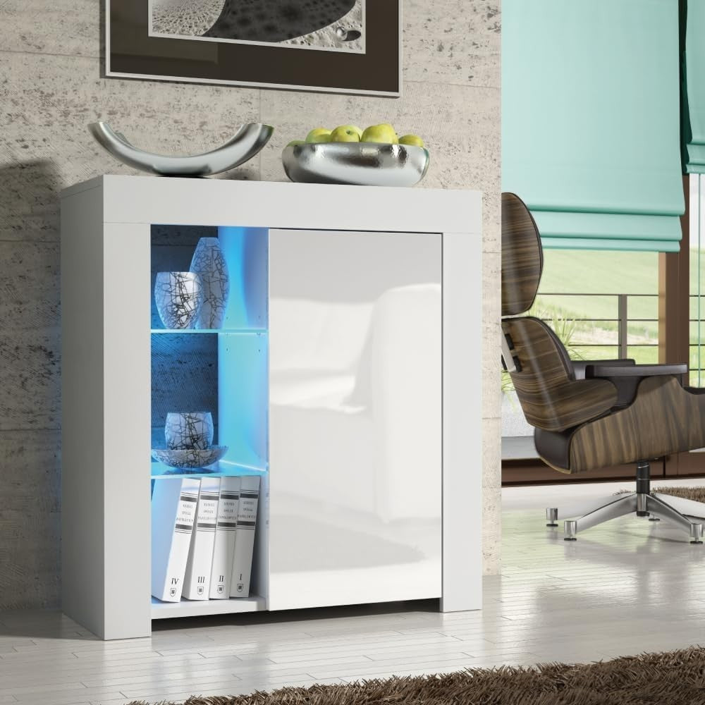Modern White Sideboard Cabinet with LED Light, Storage & Adjustable Shelf
