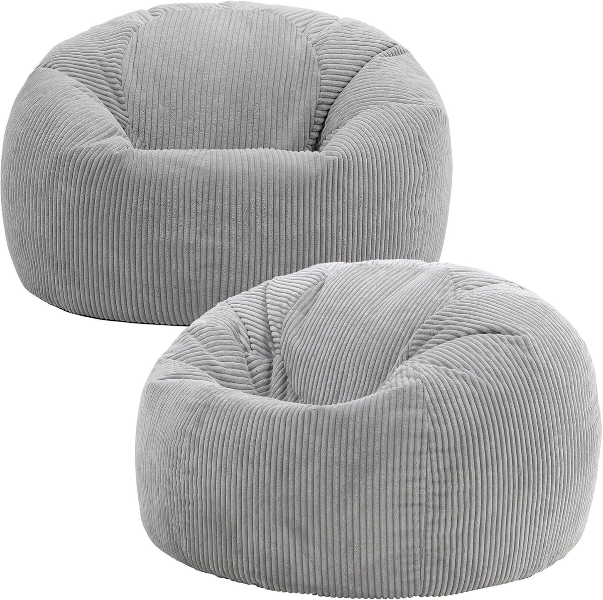 2x Grey Cord Bean Bag Chairs | Large Lounge Seating for Adults & Teens