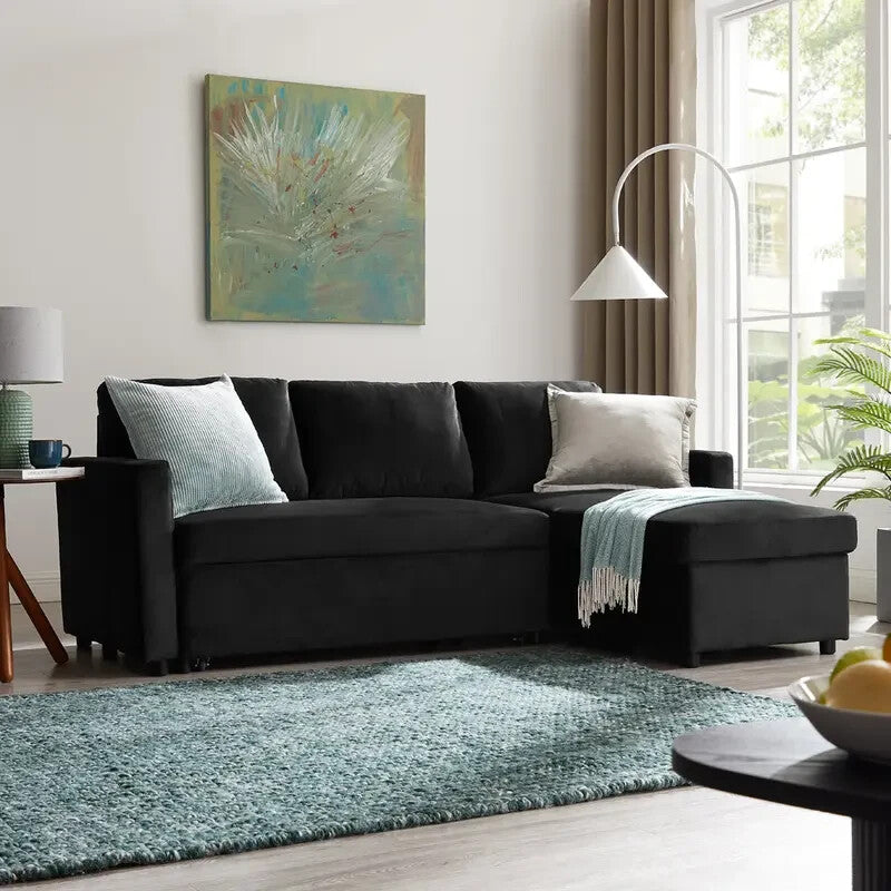 3 Seater Sofa Bed Pull-Out Reversible Chaise Black Velvet Storage Couch