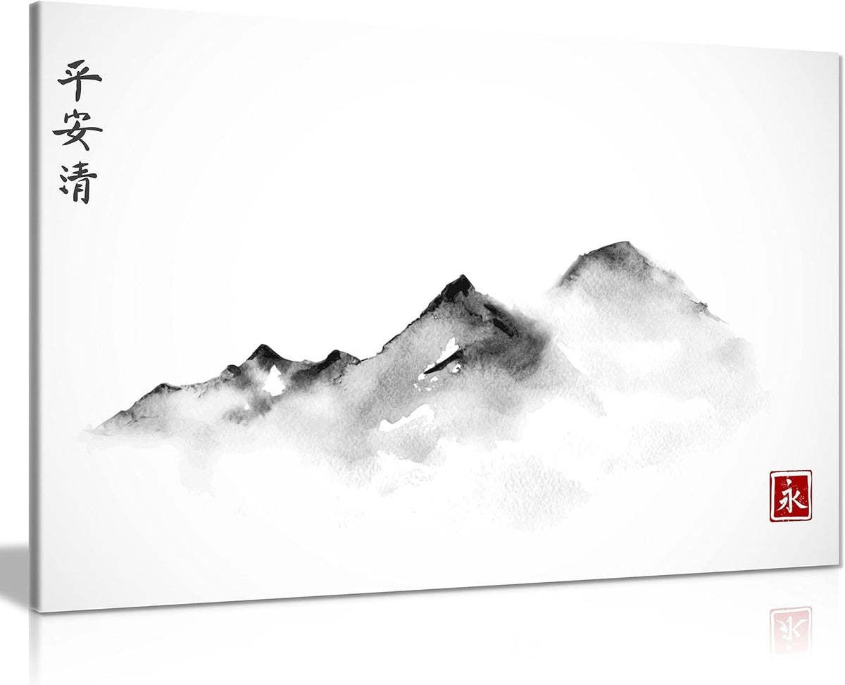 Japanese Ink Mountain Canvas Wall Art Black White Minimalist Home