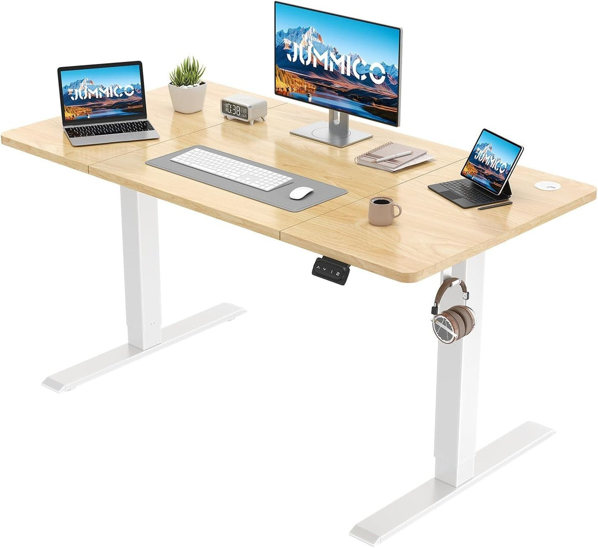 Electric Standing Beige Desk 140x60cm Adjustable Sit Stand Table with Memory