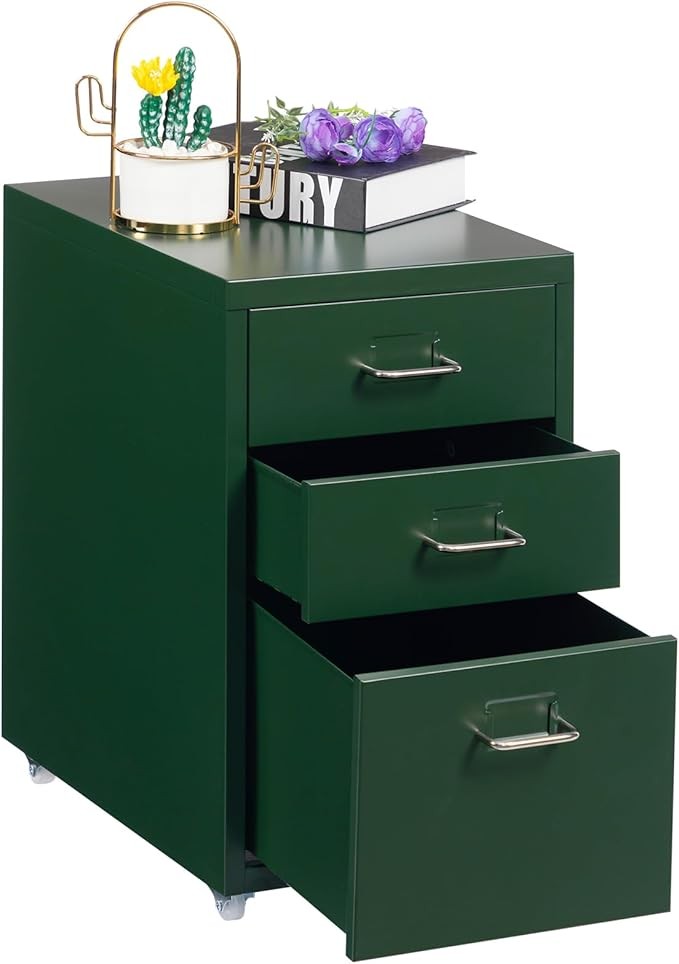 3 Drawer Metal File Cabinet with Wheels, Lockable Under Desk Office Storage Unit
