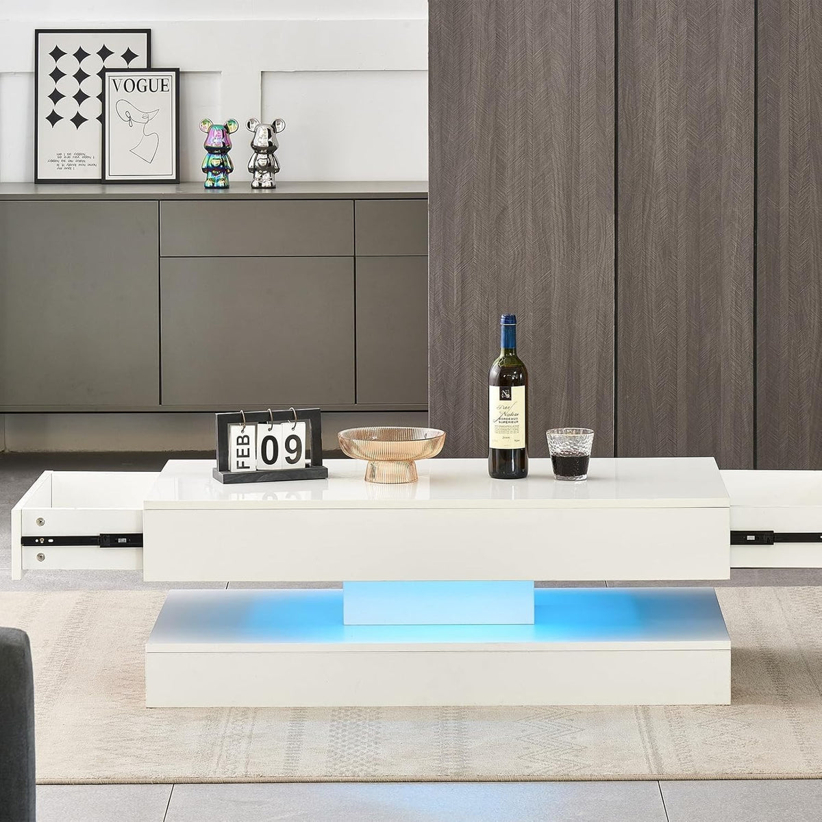 White LED Coffee Table High Gloss 2 Drawer Storage Modern Living Room