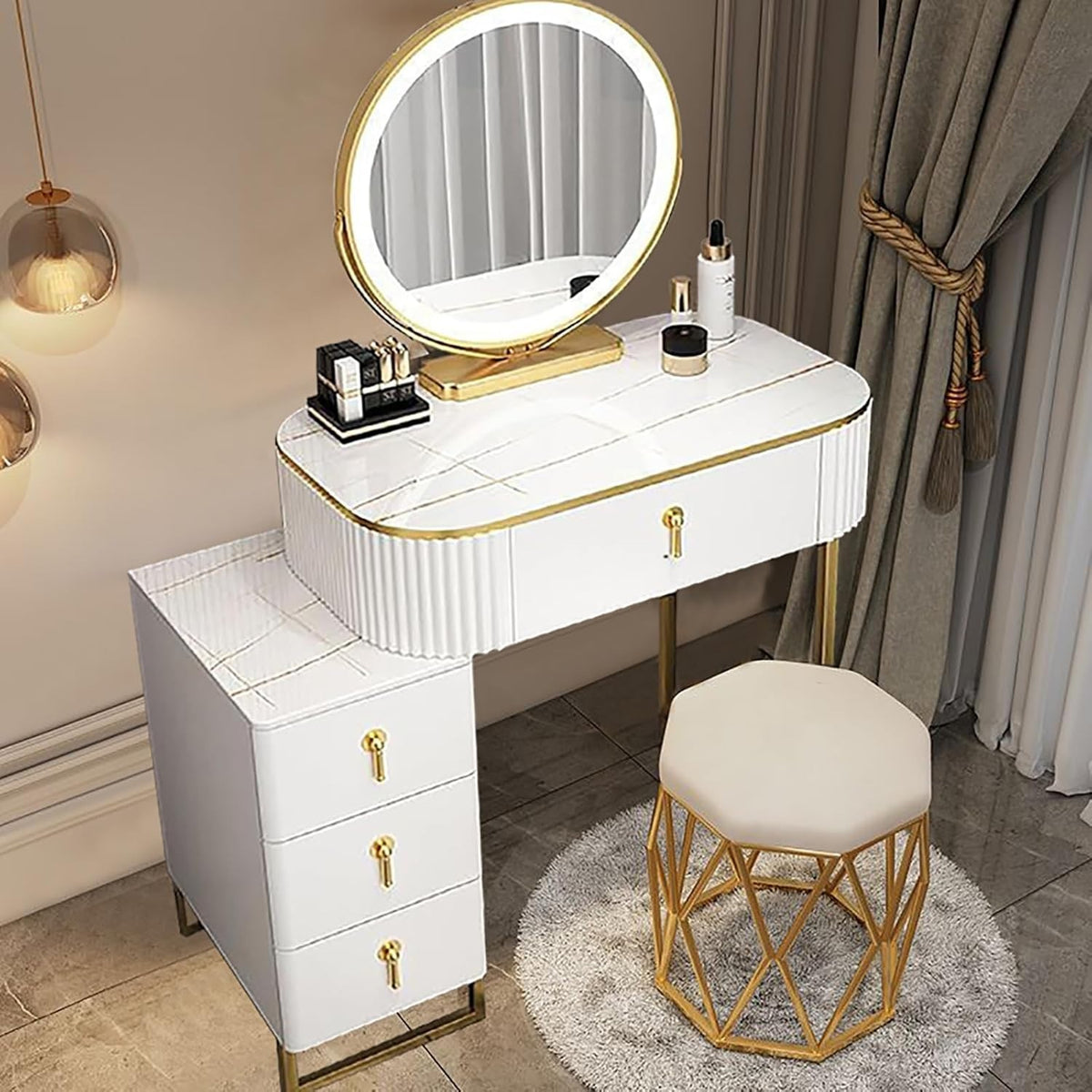 LED Vanity Table Set with Mirror & Stool – Modern Makeup Desk White Grey