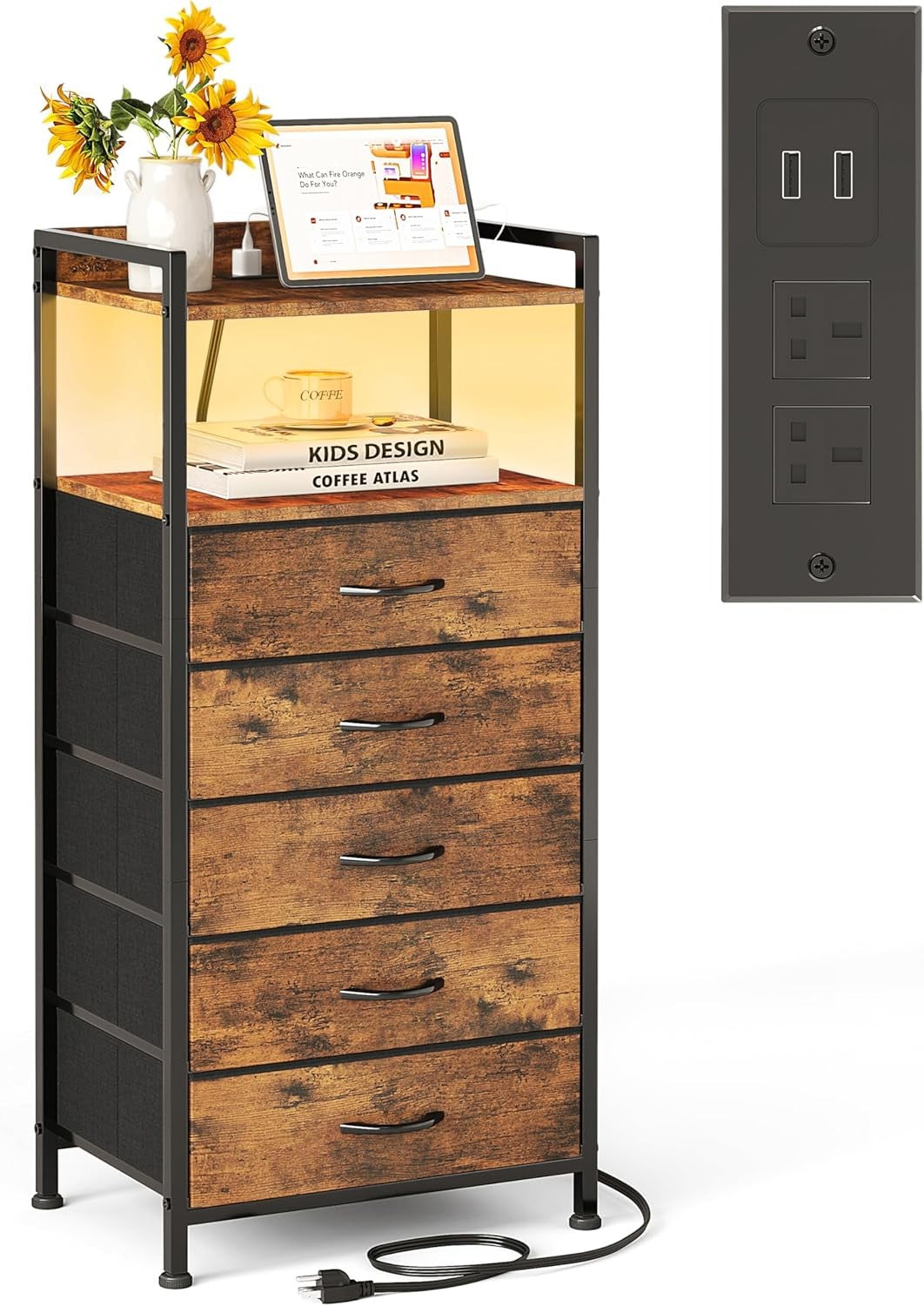 Tall Rustic Brown LED Bedside Table with Charging Ports 5-Drawer Storage Unit