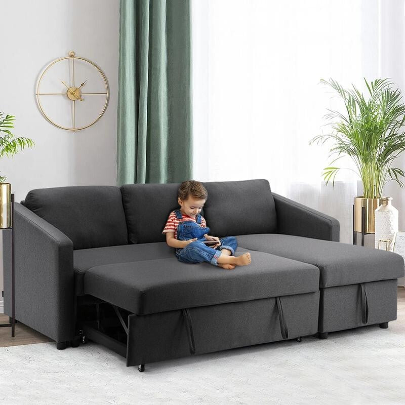 Grey Corner Sofa Bed with Storage 3 Seater Pull Out Sleeper Couch for Flats