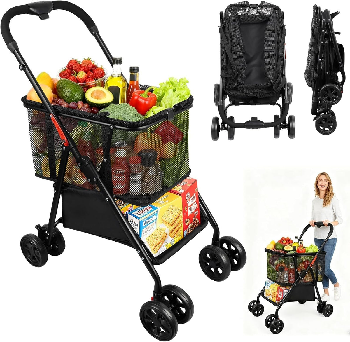 2-Tier Folding Shopping Trolley with 360° Wheels & Removable Bag – Black