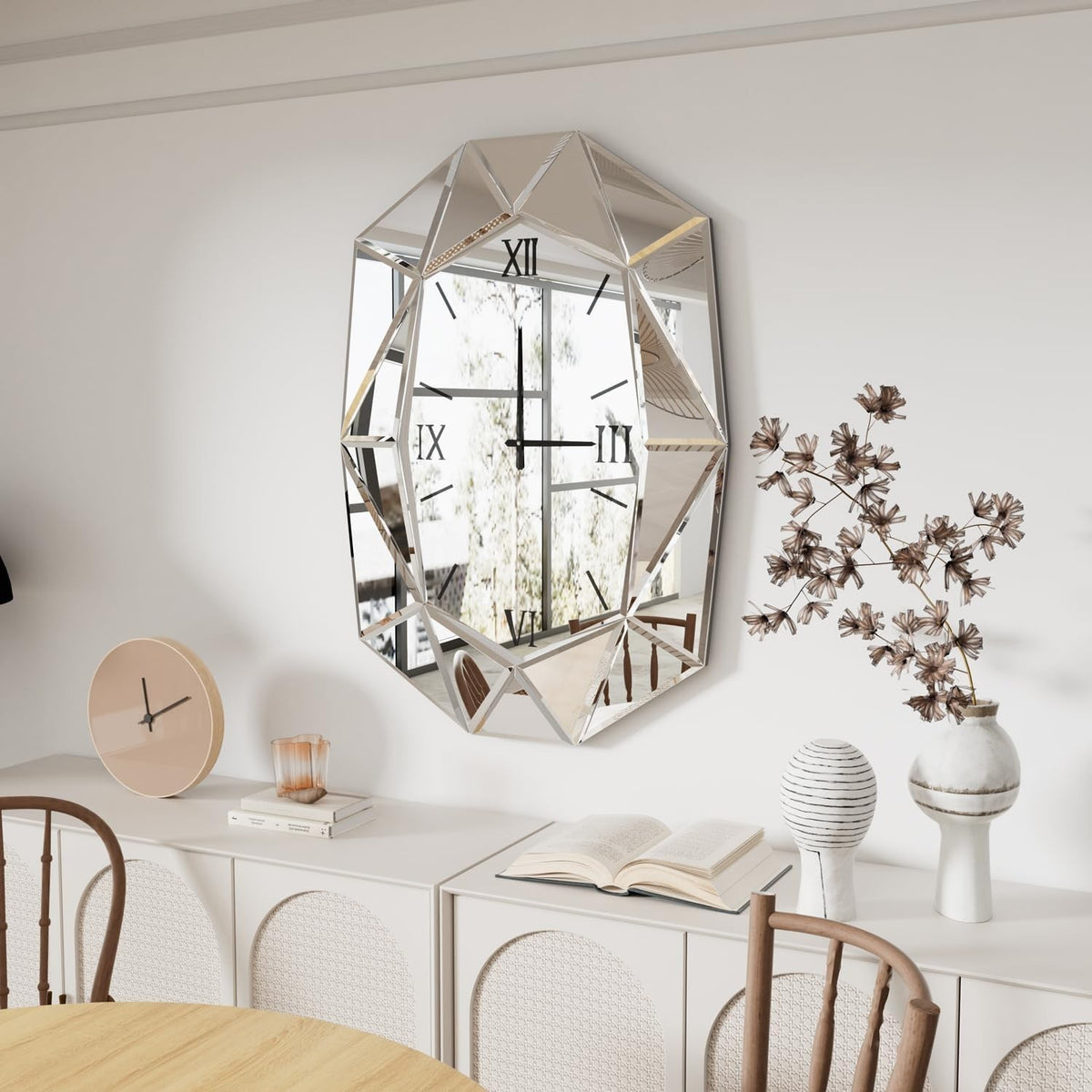 Beveled Glass Wall Clock with Roman Numerals | Silent, Modern Silver Decor