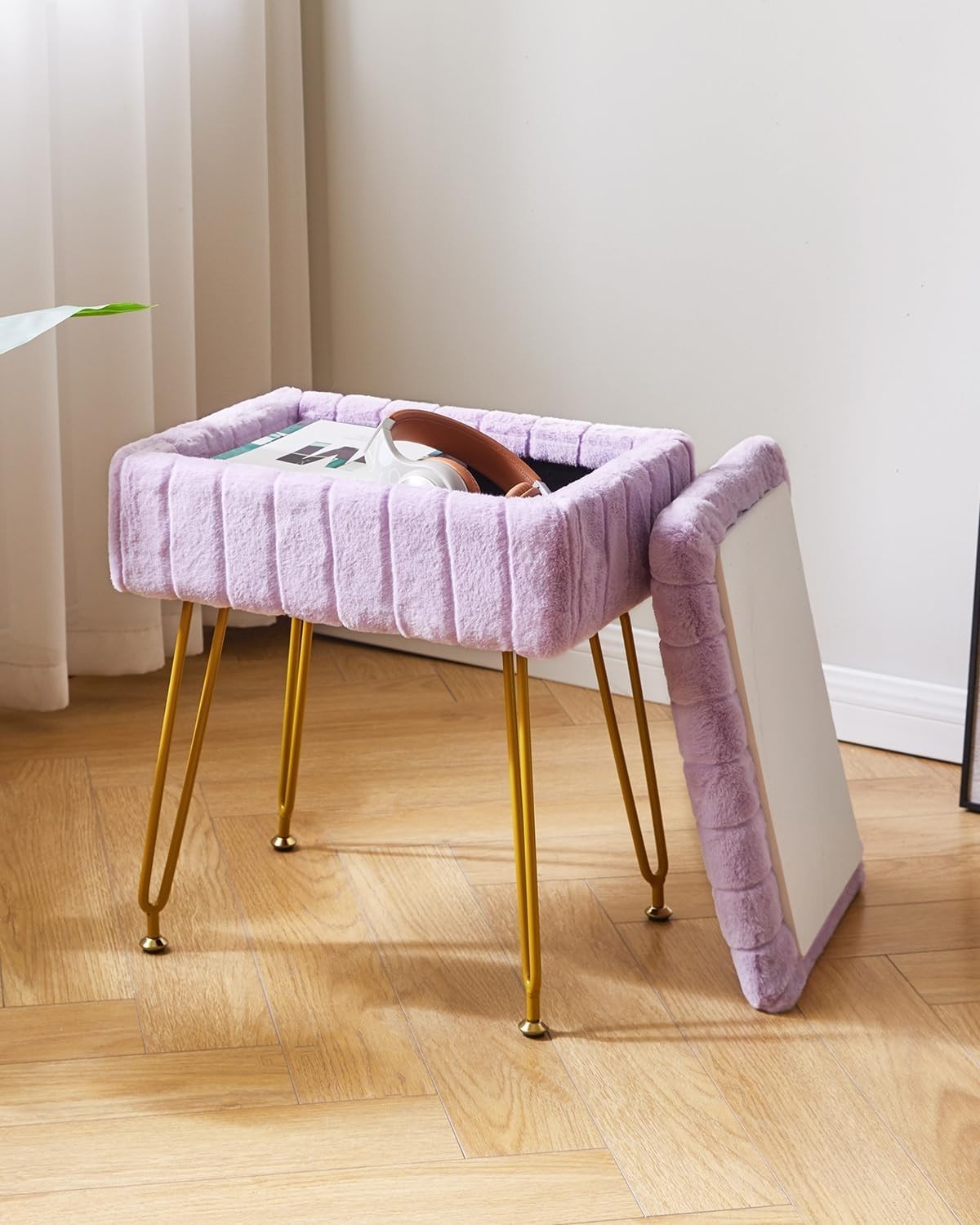 Purple Faux Fur Storage Footstool – Ottoman Stool with Metal Legs