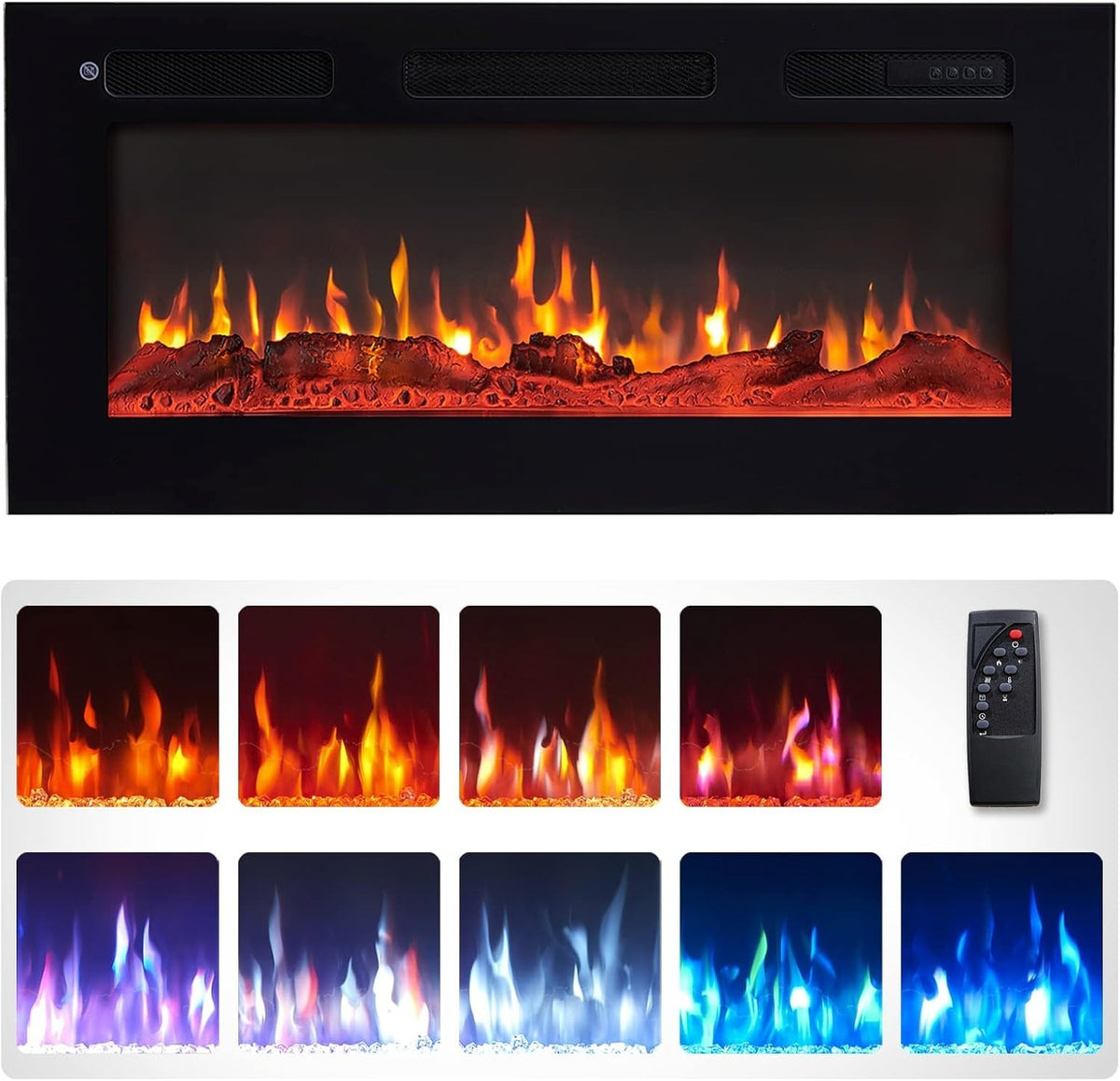 36" Wall Mounted Electric Fireplace with 9-Color Flame, Remote & Dual Heat