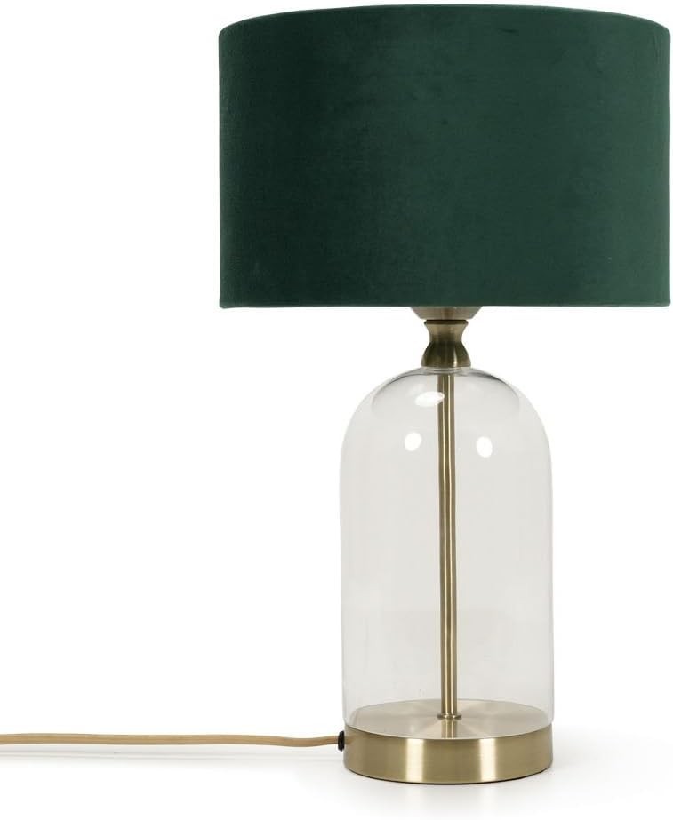Gold Glass Table Lamp Forest Green Velvet Shade Bedside Desk Light