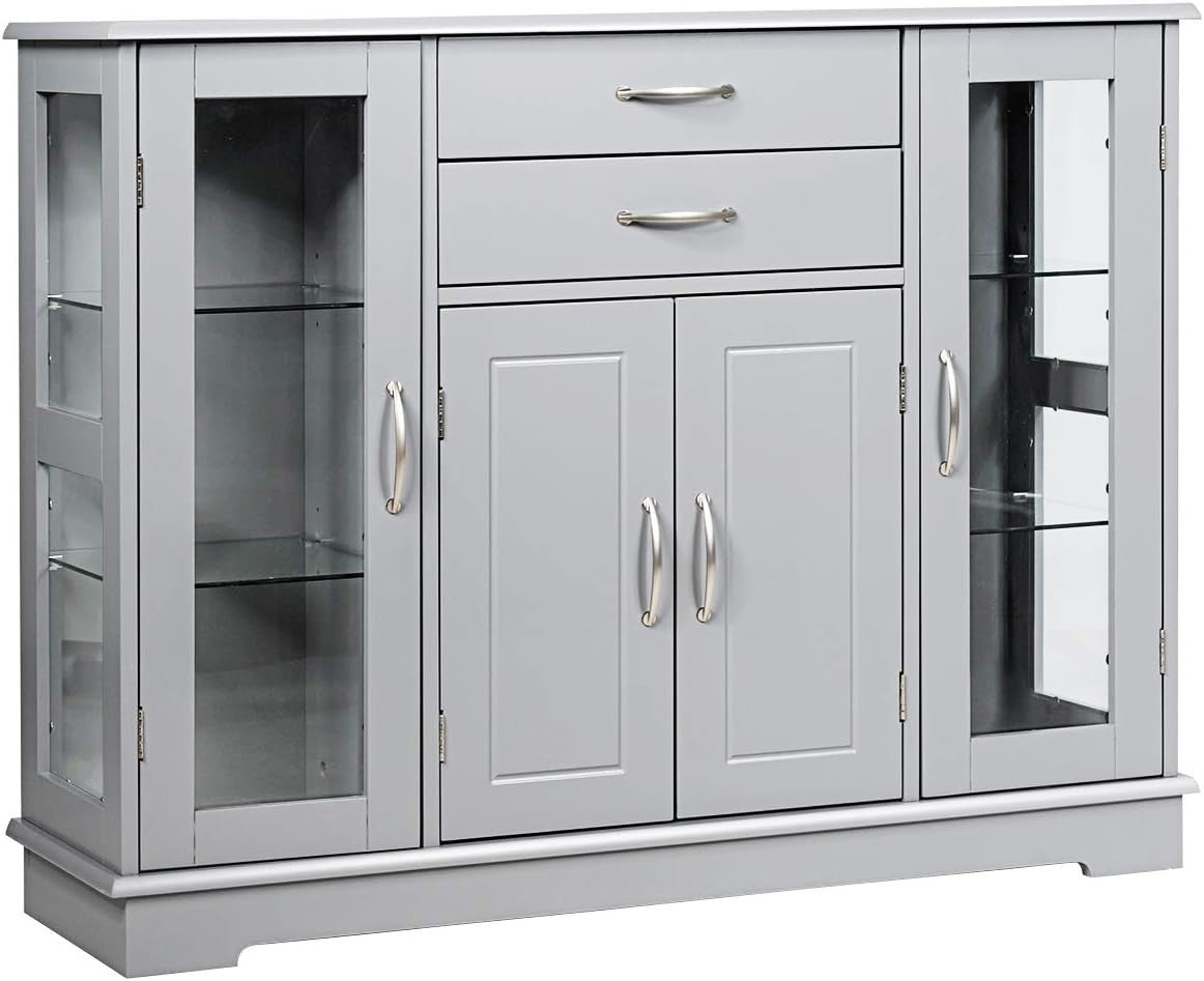 Grey Sideboard Buffet Cabinet Glass Doors Storage Unit with Drawers