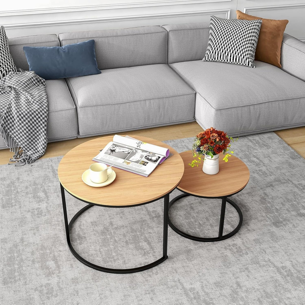 Set of 2 Round Nesting Coffee Tables Expandable Lightweight Black/Oak Wood