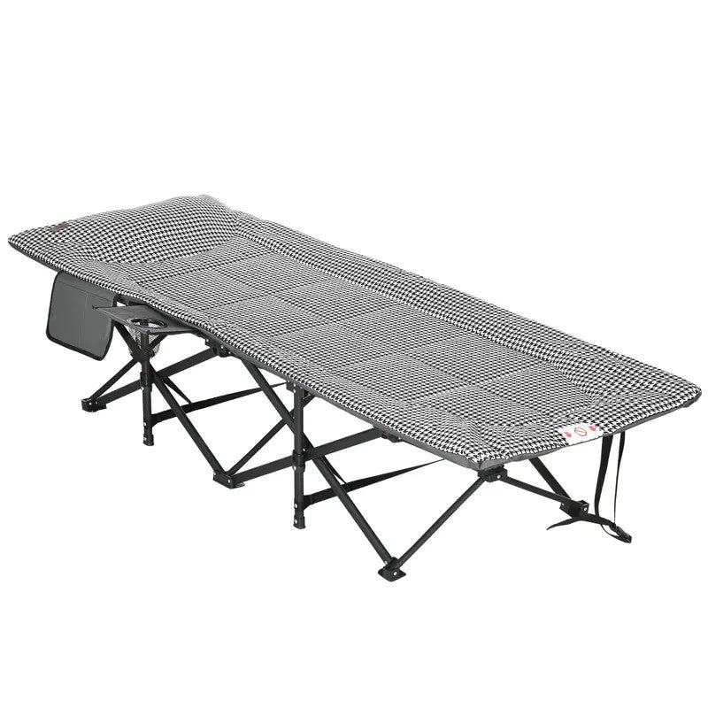 Folding Padded Camping Bed Sun Lounger Recliner w/ Cup Holder Black