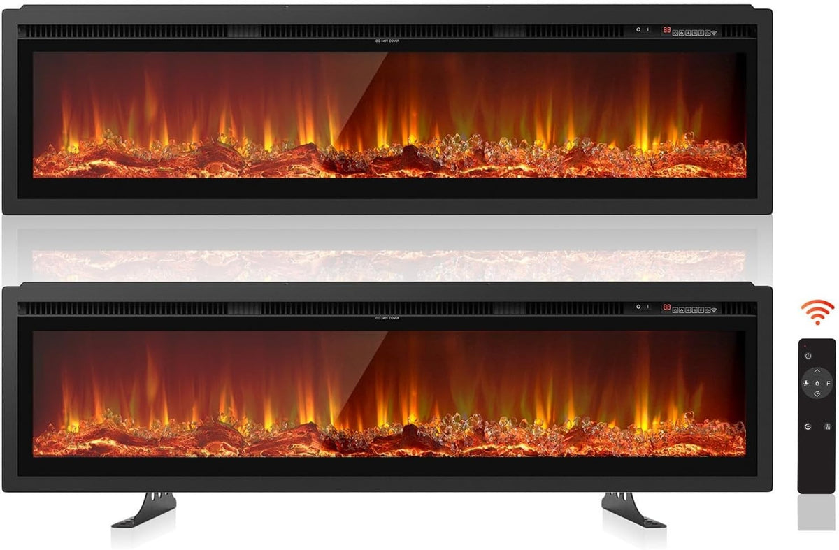 50" Electric Wall Fireplace Recessed Heater LED Log Flame Remote WiFi