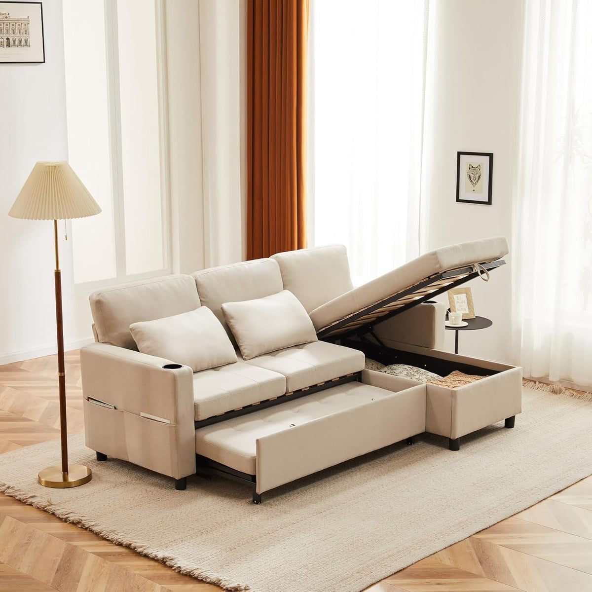 L Shape Sofa Bed w/Storage Pull Out Sleeper Cup Holders Beige 3 Seater