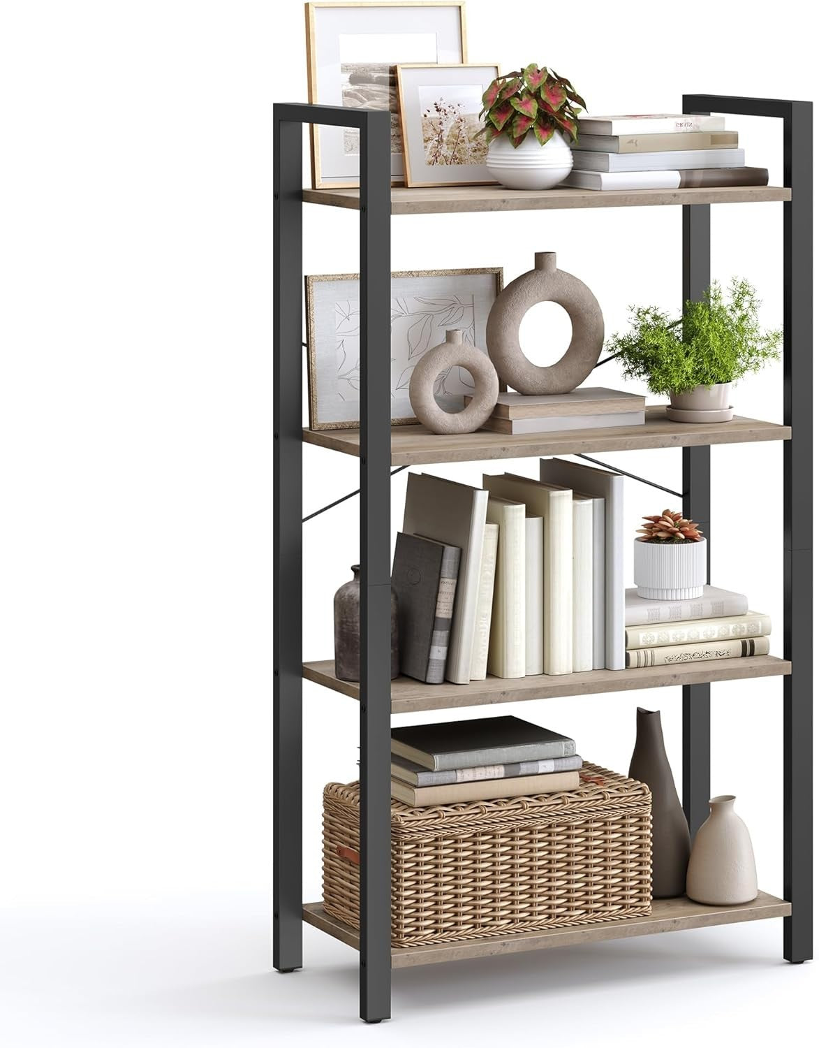 4-Tier Heather Greige Bookcase – Industrial Shelf Storage Unit, 120cm Tall
