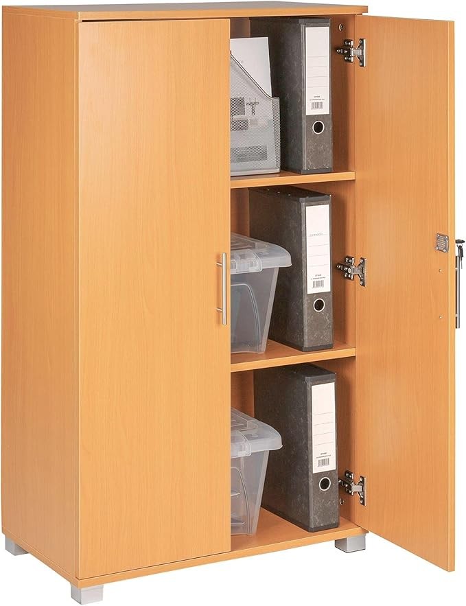 Tall Beech Wood Storage Cabinet 2 Door Lockable Cupboard for Home Office Kitchen
