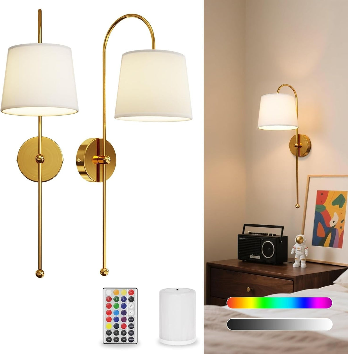 Wireless Wall Sconces Rechargeable LED Remote Gold Light 18 Colors Dimmable