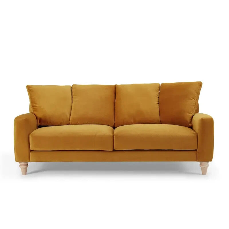 3 Seater Mustard Velvet Sofa Deep Seat Feather Cushions Scatter Back