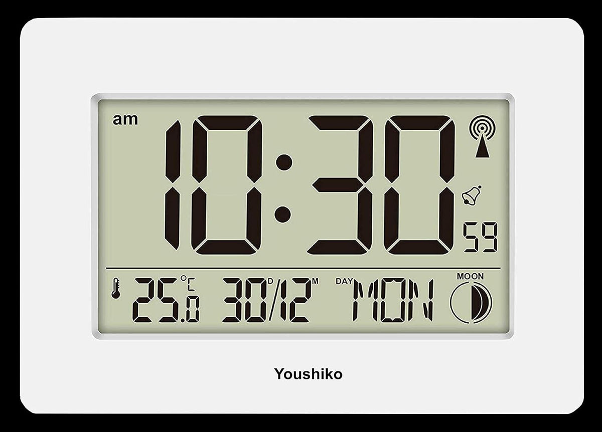 Large LCD Radio-Controlled Wall Clock White Silent Auto-Set Temp Day Date