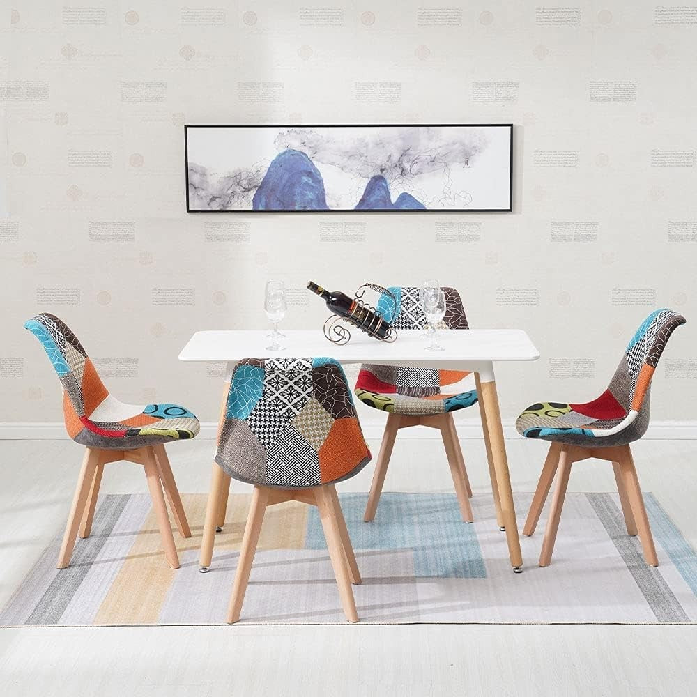 Modern Retro Dining Table & 4 Patchwork Chairs Set | Solid Wood Kitchen