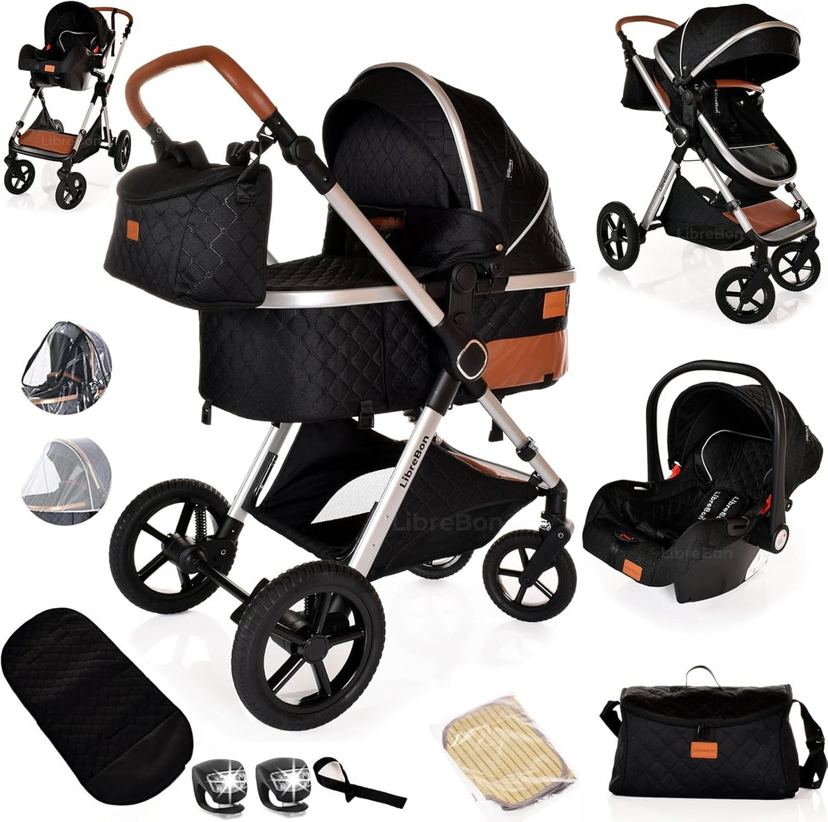 3-in-1 Baby Stroller Travel System Pram Pushchair Foldable Black Silver