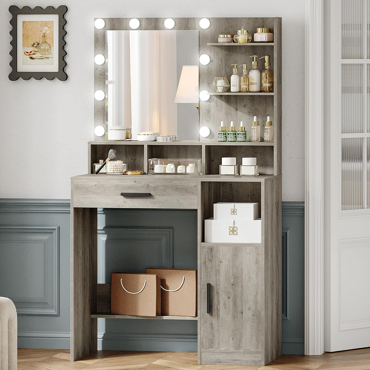 White Vanity Table with LED Mirror & 4 Drawers Makeup Desk Set