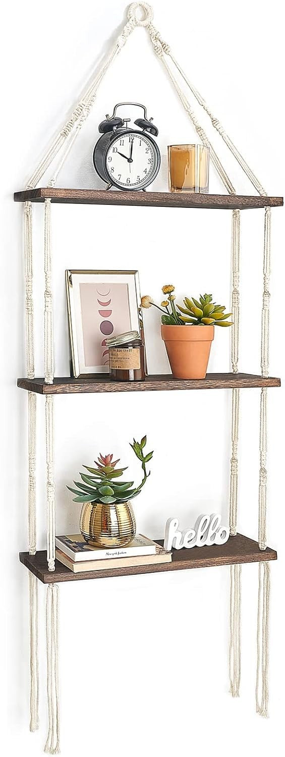 3-Tier Macrame Wall Hanging Shelf Wood Floating Boho Decor