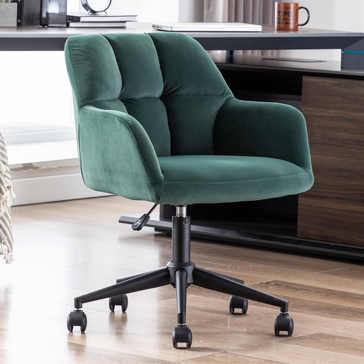 Green Velvet Office Chair Swivel Desk Chair Padded Seat Solid Back Home Study