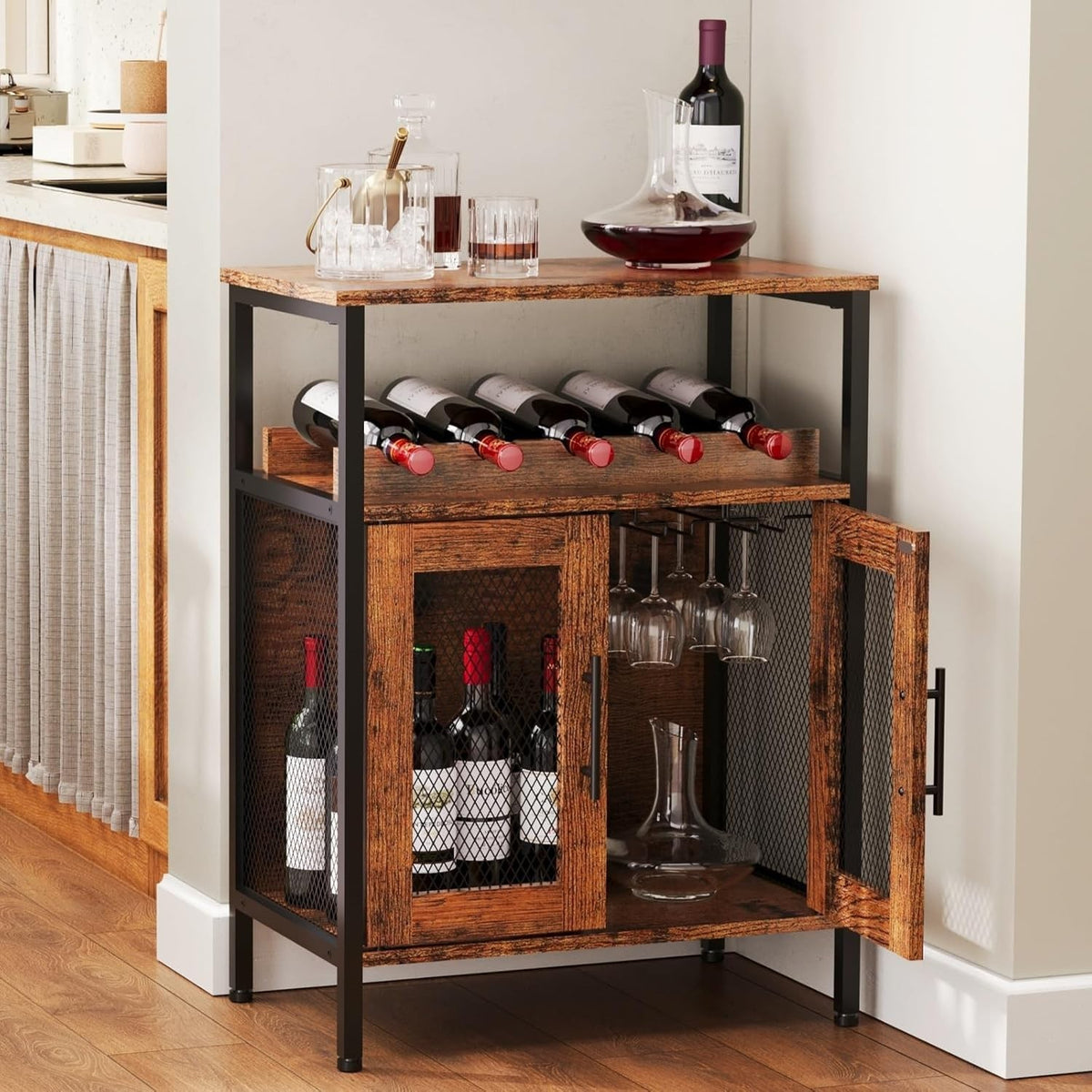 Wine Bar Cabinet with Glass Holder & Bottle Rack | Rustic Brown Sideboard