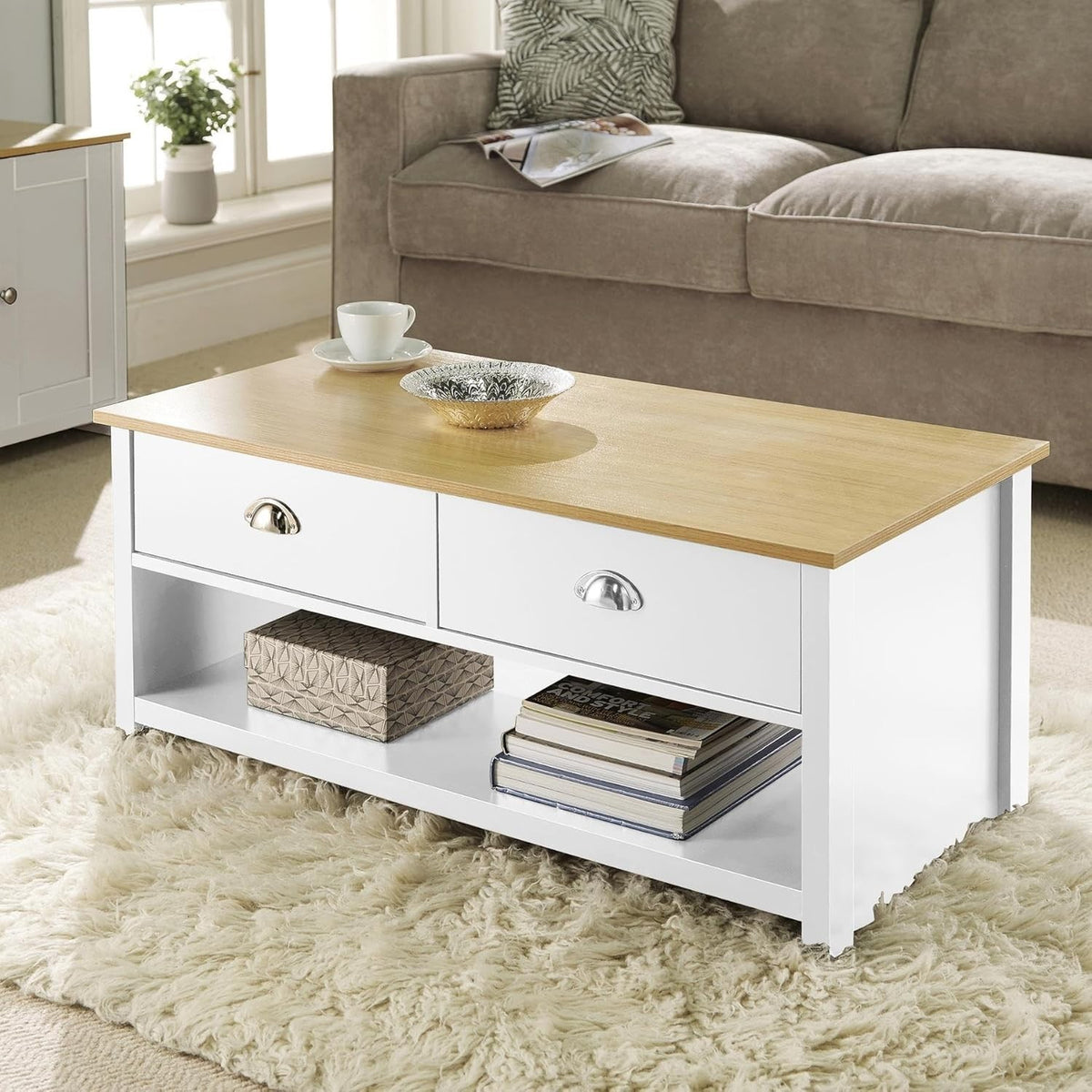 Modern White Coffee Table with Oak Effect Top & 2 Drawers Storage 100cm