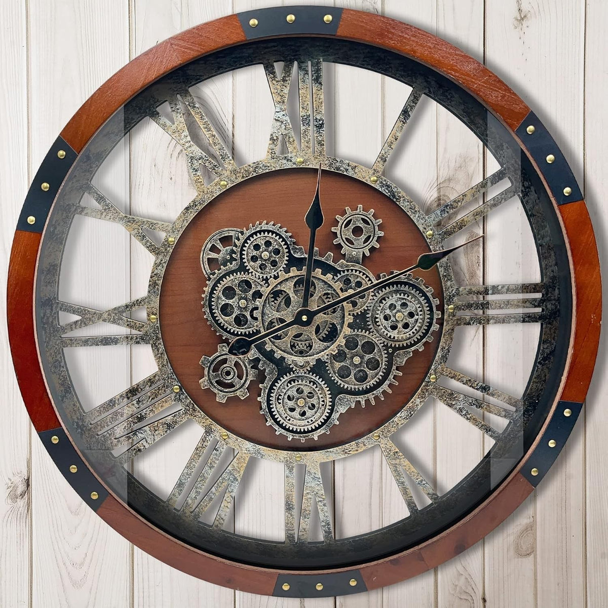 27" Industrial Wall Clock Metal Gears Rustic Steampunk Decor Large