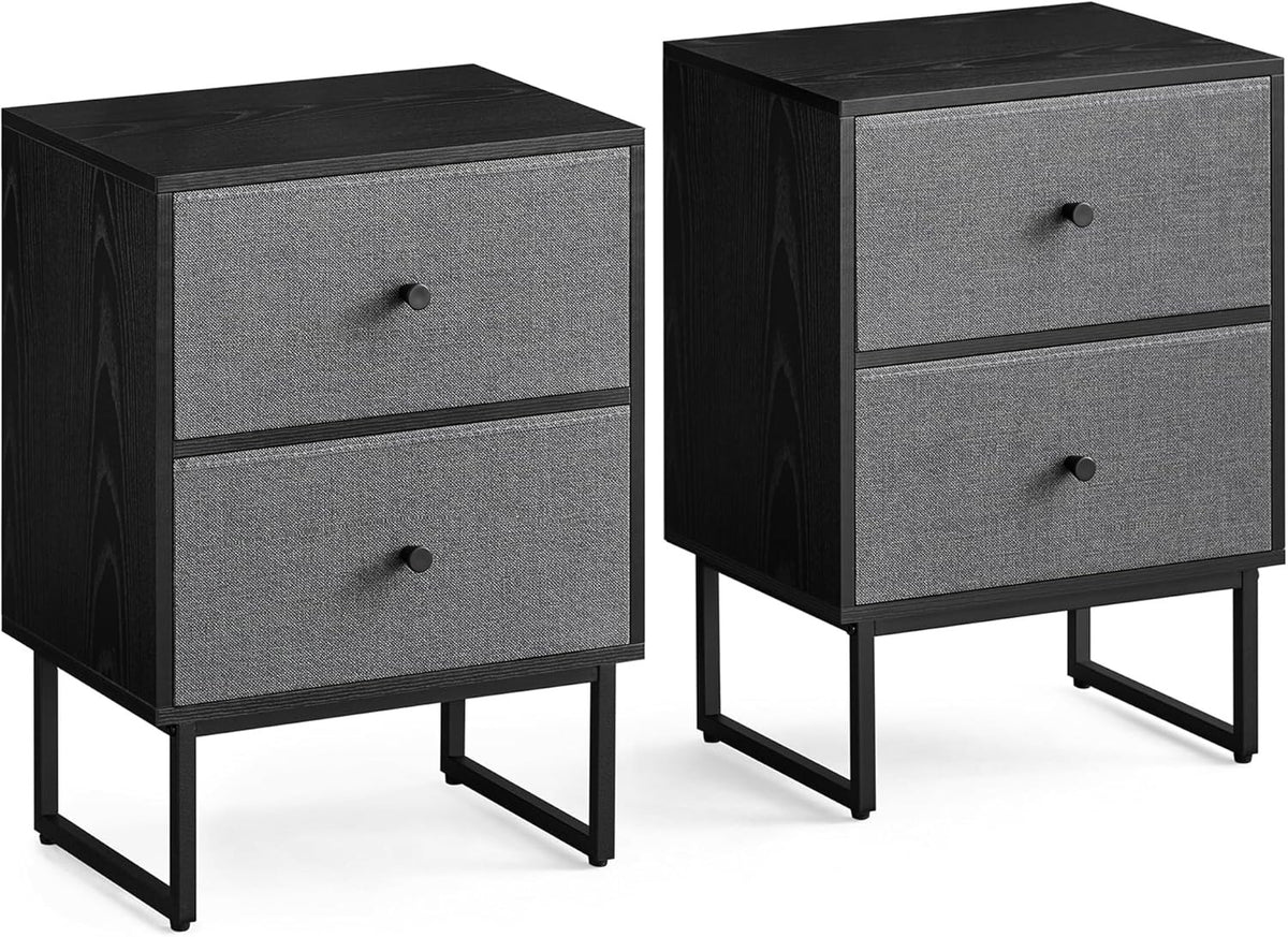 Modern Bedside Table with Fabric Drawers, 2-Tier Storage Cabinet in Black & Grey