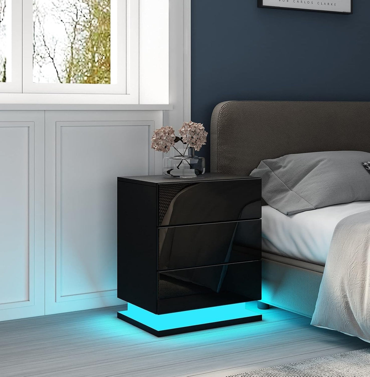 Modern Black LED Bedside Table with 3 Drawers – High Gloss Nightstand