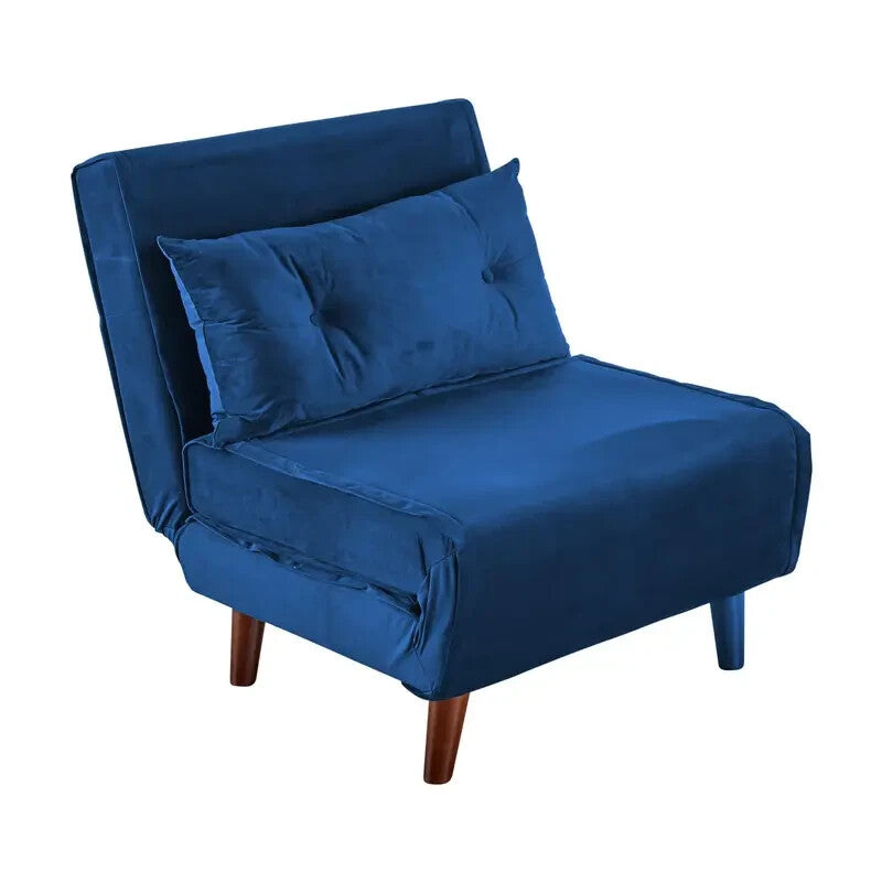 Blue Velvet Single Sofa Bed Chair Folding Seat Guest Sleeper with Pillow