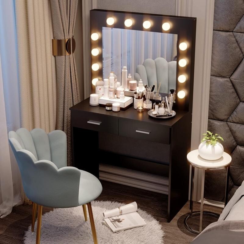 Hollywood LED Vanity Dressing Table Set w/ Mirror, Drawers & Stool Black