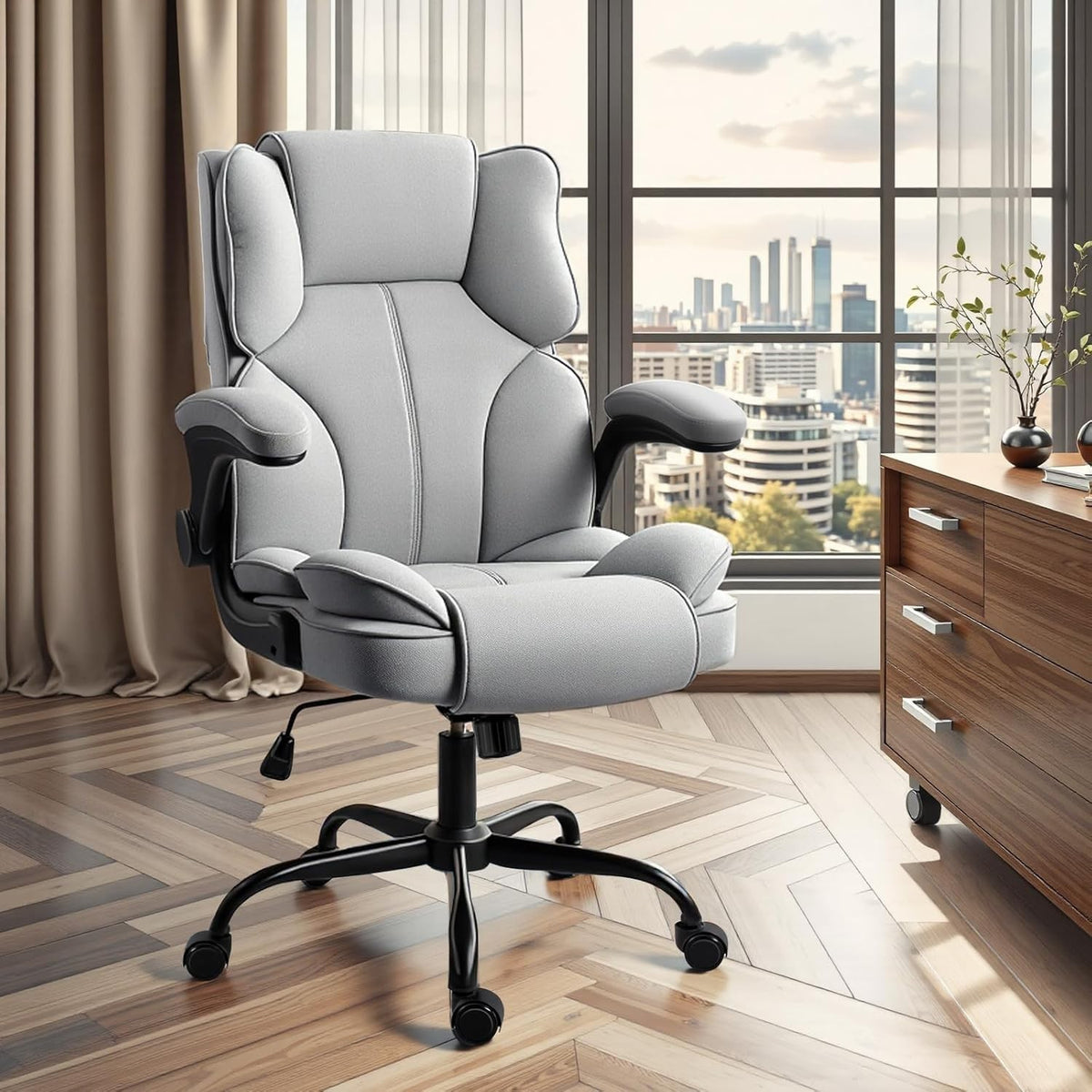Ergonomic Office Chair Grey Desk Computer Seat Large Heavy Duty Fold-up Arms