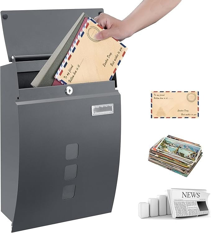 Wall-Mounted Lockable Mailbox Grey | Waterproof Steel Post Box | Large Secure
